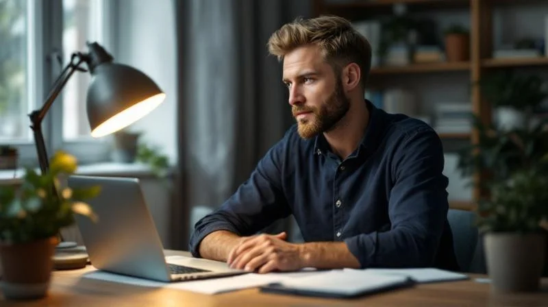 Mann liest Foerderunterlagen am Kuechentisch in einer Luebecker Wohnung