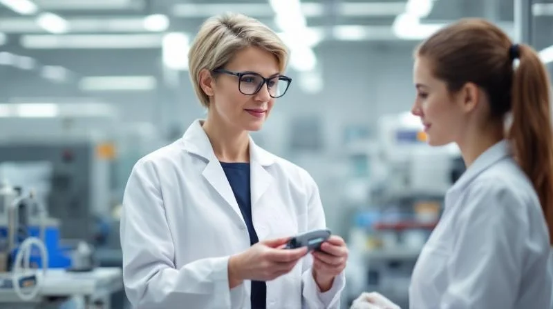 Lübecker Ausbilder bei Drägerwerk erklärt einer Auszubildenden ein medizintechnisches Gerät