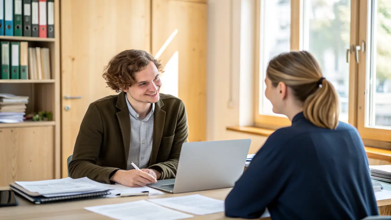 Person im Beratungsgespräch bei der Agentur für Arbeit mit Unterlagen zum Bildungsgutschein