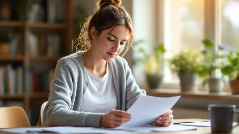 Frau am Schreibtisch in einer hellen Wohnung in Luebeck prueft Unterlagen fuer eine Weiterbildung