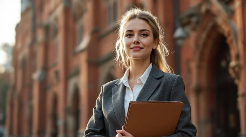 Professionelle Frau mit Unterlagen vor einem historischen Backsteingebaeude in Luebeck