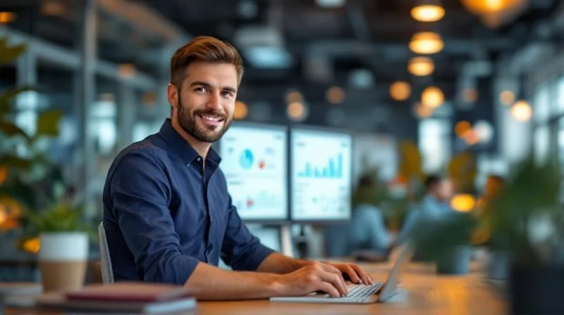 Mann analysiert Stellenanzeigen und Karriereoptionen an einem Schreibtisch in Luebeck