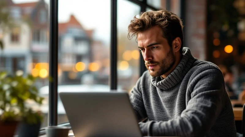Lübecker Angestellter im Coworking-Space, im Hintergrund Trave-Promenade