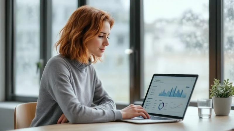 Frau mit Laptop arbeitet konzentriert in einem modernen Buero in Luebeck