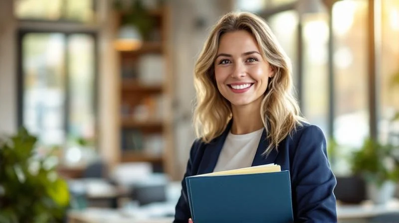 Frau feiert ihren IHK-Abschluss mit Unterlagen in der Hand in einem hellen Buero in Luebeck