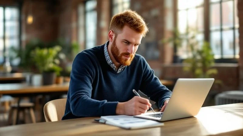 Quereinsteiger arbeitet konzentriert mit Laptop in einem hellen Coworking-Space in Lübecks Altstadt