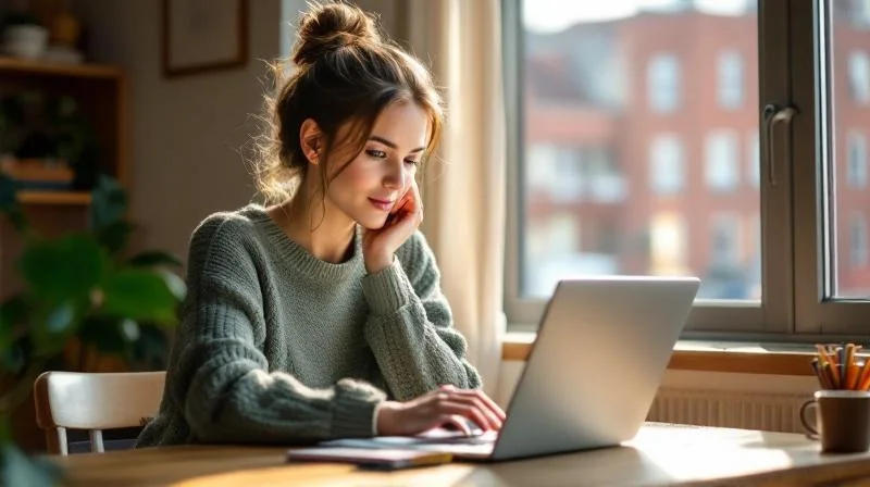 Frau arbeitet konzentriert am Laptop in einem hellen Raum mit Blick auf Luebecker Backsteinarchitektur