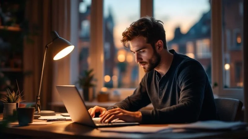 Mann lernt abends am Schreibtisch mit Laptop und Unterlagen in einer Luebecker Altbauwohnung